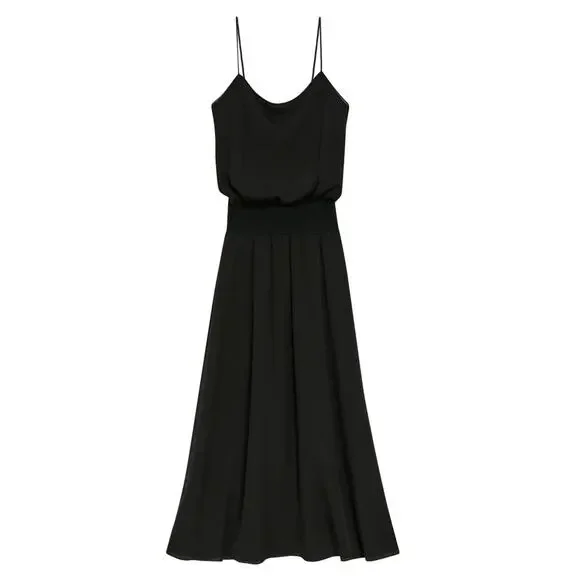 THEORY Silk Rib-knit Waist Midi-dress In Black Size Small - Picture 2 of 10